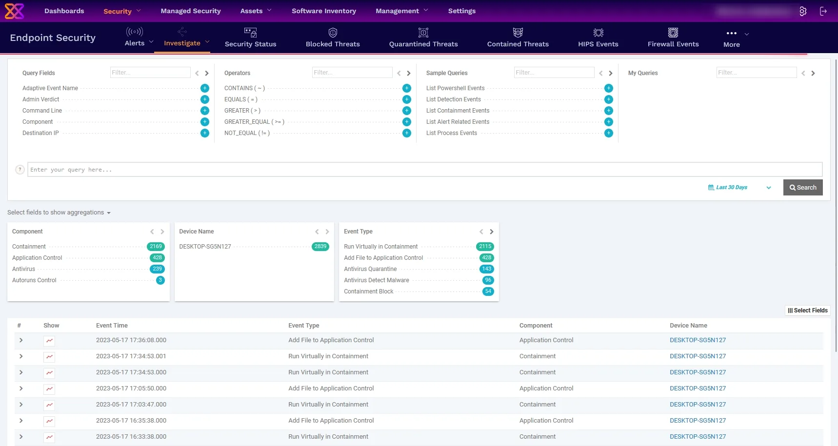 EDR-zoekscherm voor gebeurtenissen met query-velden en aggregaties